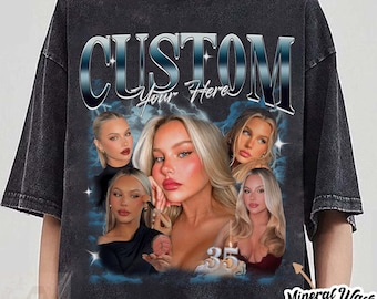May include: A mineral wash black t-shirt featuring a graphic print with the text CUSTOM Your Here. The design includes a collage of four portraits of a blonde individual, blue smoke effects, star accents, and the number 35 at the bottom.