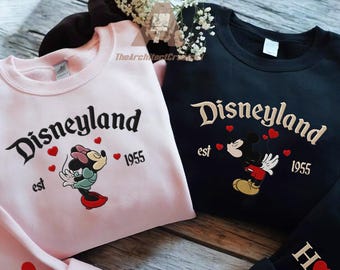 Couple Mouse And Girlfriend Embroidered Sweatshirts, Magical Land Valentine Embroidered Hoodie, Cartoon Mouse Couple Embroidered Sweaters