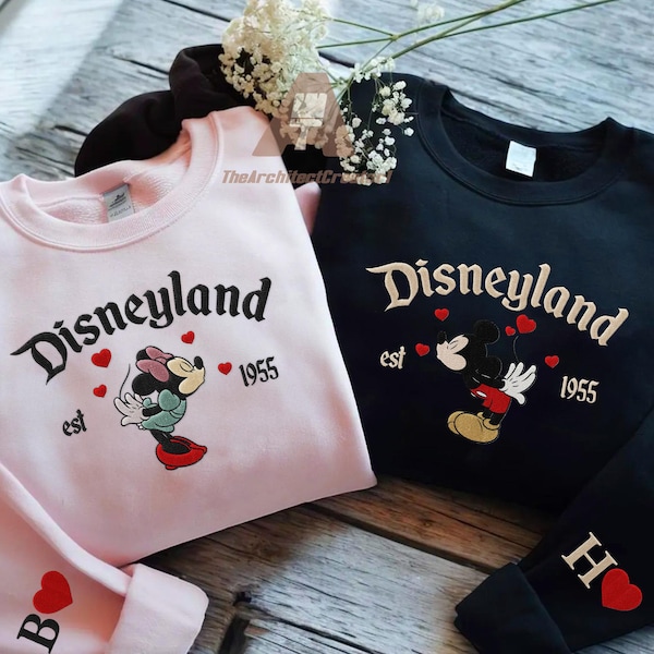 Couple Mouse And Girlfriend Embroidered Sweatshirts, Magical Land Valentine Embroidered Hoodie, Cartoon Mouse Couple Embroidered Sweaters