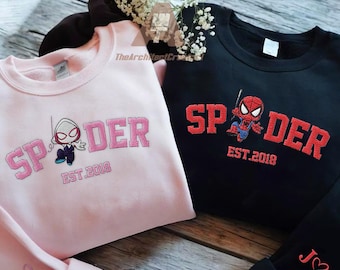 Paar Spiderman und Freundin besticktes Sweatshirt, Magical Land Valentine bestickter Hoodie, Cartoon Spinne Paar bestickter Pullover