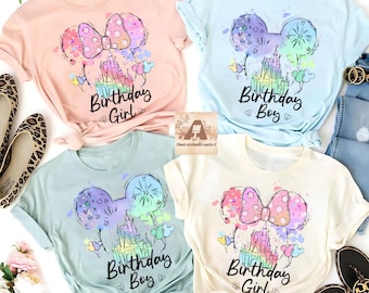 Watercolor Mickey Minnie Ears Castle Disney Birthday Shirt, WDW Disneyland Family Birthday Trip Tee, Birthday Boy Shirt, Birthday Girl Shirt