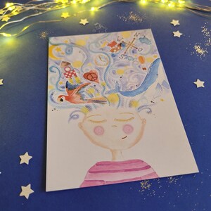 Grußkarte "Träume", Geburtstagskarte, Kindergeburtstag, Wasserfarben, handgemalt, Karte zum verschenken, Traumwelt, Kinder, Karte