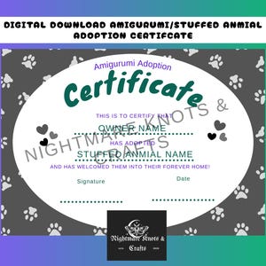Amigurumi/Stuffed Animal Adoption Certificate