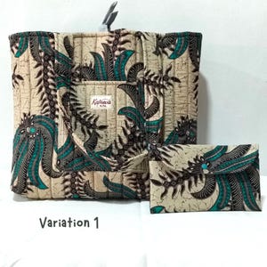 May include: A quilted tote bag and matching wallet set. The beige fabric features a repeating pattern of teal and brown stylized leaves and floral designs. The tote has a front pocket and a handle. The wallet has a button closure.