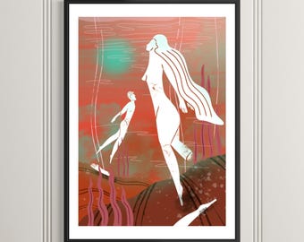 Spiritual Ascension Art Print, Symbolic Figurative Illustration (Unframed), Higher Self Guidance Wall Art, Modern Mythic Artwork