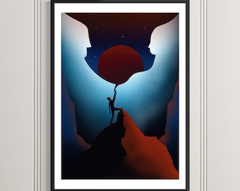 Surreal Mountain Faces Art Print, (Unframed) Abstract Landscape Illustration, Symbolic Human Connection Wall Art, Modern Conceptual Artwork