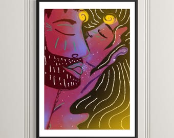 Intimate Lovers Art Print – Expressive Figurative Wall Art About Connection (Unframed) - Valentines Day Couples Gifts