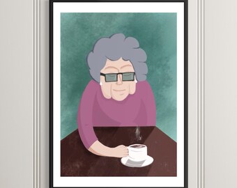 Cozy Coffee Art Print, Funny Granny Illustration, Morning Routine Wall Art, Warm Home Decor Artwork (Unframed) for Coffee Shops and Cafes