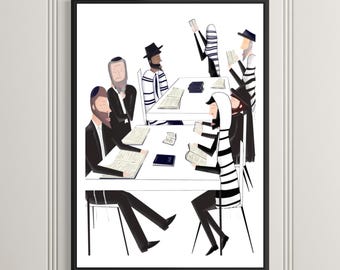 Lámina de Yeshivá Judía, Ilustración para el Estudio de la Torá, Arte Mural Judaico Moderno (Sin Marco), Obra de Aprendizaje Judío, Obra de Inspiración Judía