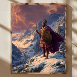Puede incluir: Una impresión enmarcada representa a un guerrero con armadura dorada y capa púrpura, sosteniendo una lanza y un escudo, de pie en una cima nevada. El fondo presenta un valle con un ejército en marcha y una dramática puesta de sol.