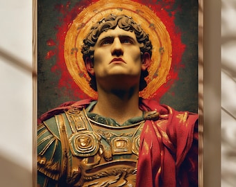 May include: A framed print featuring a bust of a Roman figure with a golden halo. The figure wears ornate armor in gold and teal, with a red cloak. The background is a blend of dark green and red.