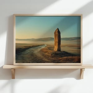 May include: A framed landscape print featuring a tall, weathered stone monolith in a field. A dirt road leads into the distance, with rolling hills and a hazy sky. The artwork is displayed on a wooden shelf against a white wall.