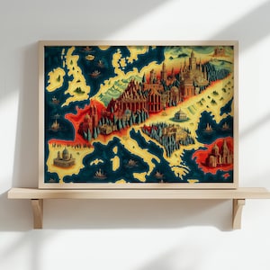 Impression de carte fantastique de l'Europe, affiche d'art médiévale inspirée de l'Espagne en rouge et jaune