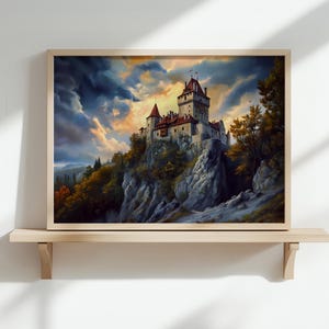 Stampa artistica da parete del Castello di Bran - Poster del Castello di Dracula in stile barocco, arredamento gotico rumeno, regalo di vampiro, illustrazione di un castello infestato