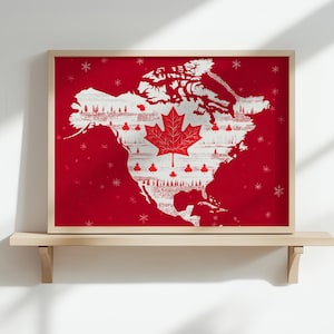 Nordamerika Kanada Flagge Poster | Rustikale rot-weiße Karte Wandkunst | Ahornblatt & Schneeflocke Print für Canadian Pride and Winter Decor