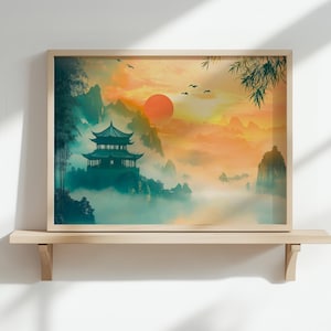 Poster di paesaggio cinese surrealista con tempio al tramonto e montagne da sogno, arte murale, regalo per un amico