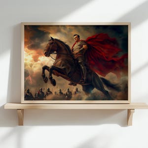 Poster di Giulio Cesare a cavallo che si lancia in battaglia con i legionari e il cielo tempestoso, regalo per gli amanti della storia