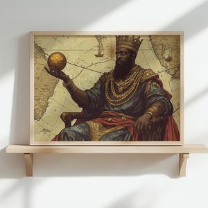 Impression d'art portrait de Mansa Musa - Roi de l'empire du Mali tenant une sphère dorée avec décoration murale carte médiévale