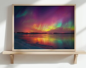 May include: A framed print of the aurora borealis, displaying vivid colours of purple, pink, yellow, and green. The image shows a colourful sky reflected in water, creating a stunning landscape scene.