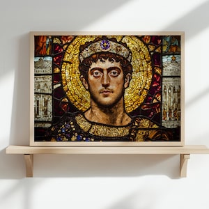 Poster in stile vetrata di Giustiniano I - Arte murale dell'imperatore bizantino, decorazione storica di Giustiniano il Grande