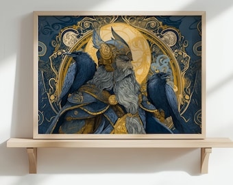 Odin Jugendstil Print: Nordischer Gott, Raben Huginn & Muninn