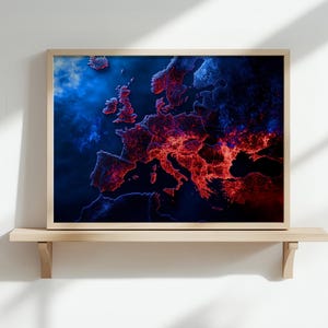 Mapa digital de Europa en rojo y azul vibrante, decoración de pared futurista de Europa, impresión digital moderna de mapa de Europa para la oficina o el hogar.