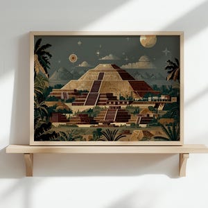 Teotihuacan Pyramid Wall Art Print – Ancient Mesoamerican Temple Poster, Aztec Maya Ruins Decor, Mexico History Illustration, Gift for Him