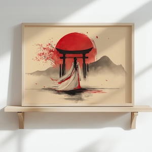 Amaterasu Sun Goddess Print, Japanese Torii Gate Minimalist Wall Art, Red Sun Zen Poster, Shinto Mythology Decor