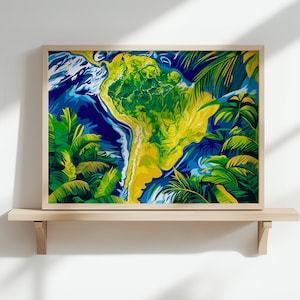 Südamerika Karte Poster in Brasilien Flagge Farben, Tropische Wandkunst, lebendige Reise Dekoration, Vater Geschenkidee, bunte Geographie Druck