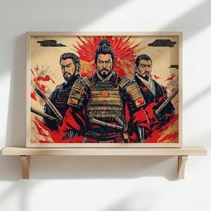 Puede incluir: Tres guerreros samuráis con armadura tradicional se encuentran frente a un fondo rojo y dorado. Los samuráis sostienen espadas y tienen expresiones serias en sus rostros.