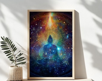 Cosmic Buddha Wall Art, Spiritual Enlightenment Galaxy Print, Mystical Meditation Decor
