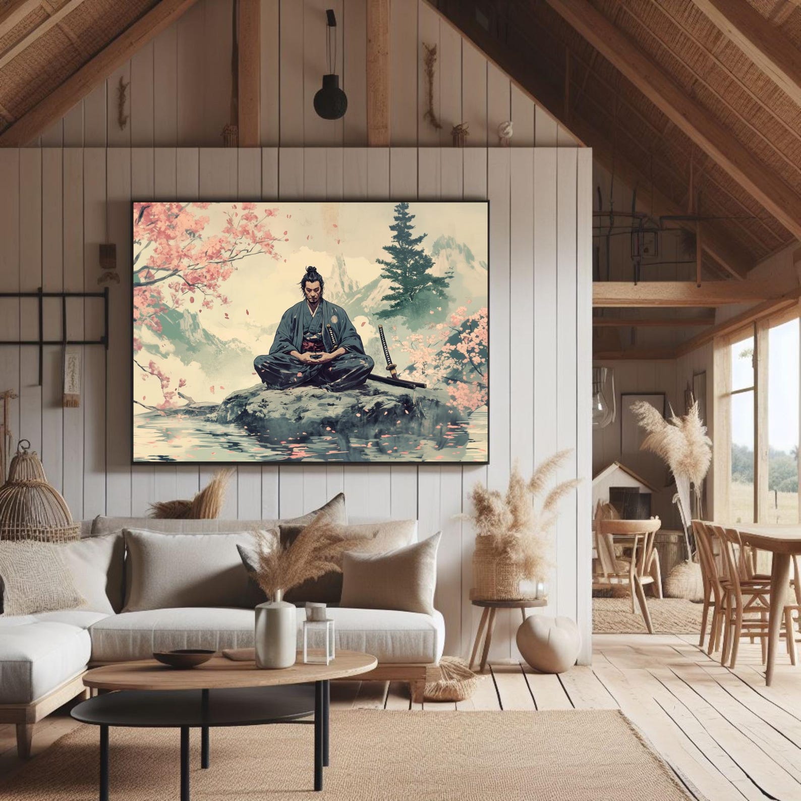 Samurai Wall Art Miyamoto Musashi Ukiyo-e Zen Warrior Print With Cherry ...