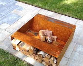 Lareira externa em aço corten com grelha: aço patinável, 90x90x35cm