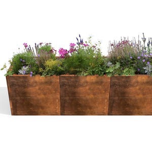 Könnte beinhalten: Ein rechteckiger Pflanzkasten aus rostigem Metall mit vier Abschnitten. Der Pflanzkasten ist mit einer Vielzahl von Blumen und Pflanzen gefüllt, darunter violette, rosa und weiße Blüten.