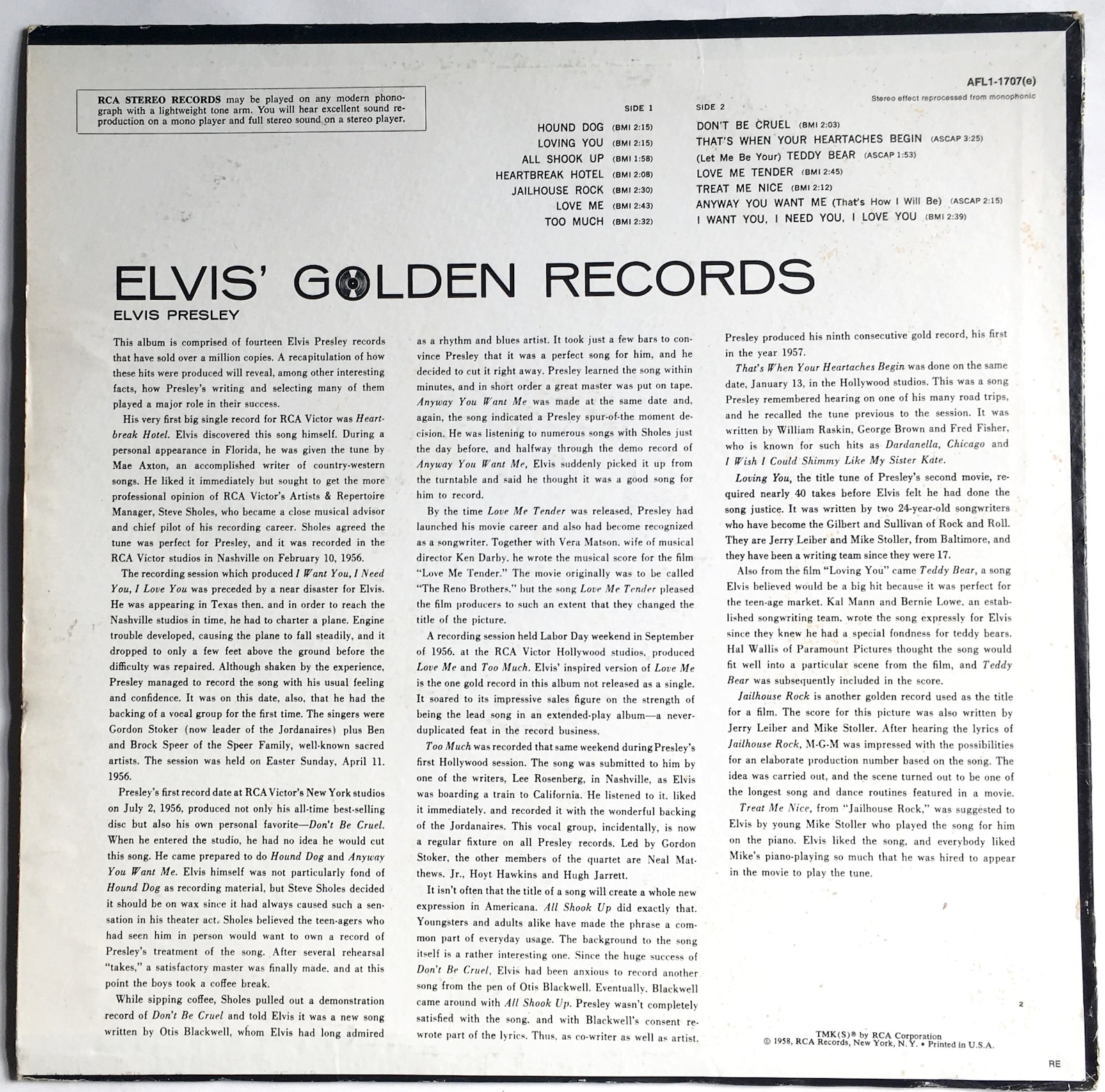 ELVIS Golden Records Lp 1958 ELVIS PRESLEY Original Stereo Vintage