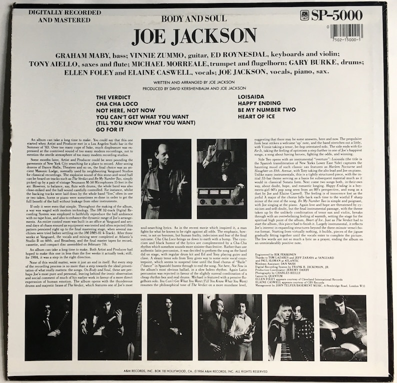 JOE JACKSON Body And Soul LP 1984 Vintage Vinyl Record Album image 2