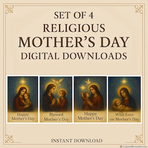 Christelijke kaartenset Moederdag – Afdrukbare religieuze kunst met de Maagd Maria en kind – 4 ontwerpen – pdf en jpeg – 5 x 7, 8 x 10, A5, A4