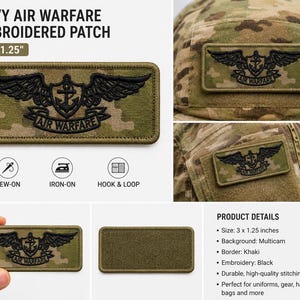 Navy Air Warfare Embroidered Patch, Multicam Military Patch, 3 x 1.25 Inch Tactical Badge, Black Embroidery, Custom Backing Option