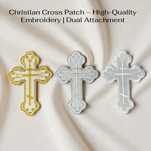 Embroidered church cross patch for vestments – gold, silver & white threads – perfect for deacon or priest garments