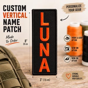 Custom Vertical Name Patch, Personalized Backpack Patch, Embroidered Vertical Name Tag, Tactical Gear Patch, Hook & Loop, Sew On