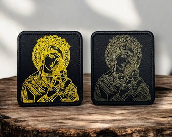 Virgin Mary Embroidered Patch – Iron-On Religious Icon – Orthodox Theotokos – Christian Gift – KHAKI or YELLOW
