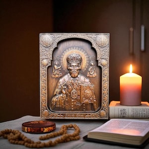 Houten Sint-Nicolaasicoon – Handgemaakt orthodox-christelijk icoon – Religieus geschenk – Huisaltaar