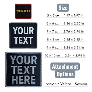 Może przedstawiać: Haftowane naszywki w kolorze czarnym, czerwonym, białym i szarym z napisami „YOUR TEXT” i „YOUR TEXT HERE”. Rozmiary od 5 x 5 cm do 10 x 10 cm. Opcje mocowania: naprasowywane, na rzep i do przyszycia.