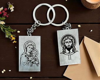 Set of 2 Christian Keychains – Jesus & Mary – Double-Sided Laser Engraved Metal Keyrings – Catholic Gifts – Inspirational Faith Set