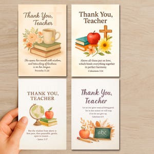 May include: Four printable cards with the text "Thank You, Teacher" and a Bible verse on each card. The cards feature illustrations of a cup of coffee, a cross, a globe, and an apple with an alphabet board.