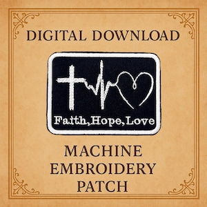 Faith Hope Love Patch Embroidery Design | Christian Cross Heartbeat Heart Machine Embroidery | 95x70mm | Digital Download