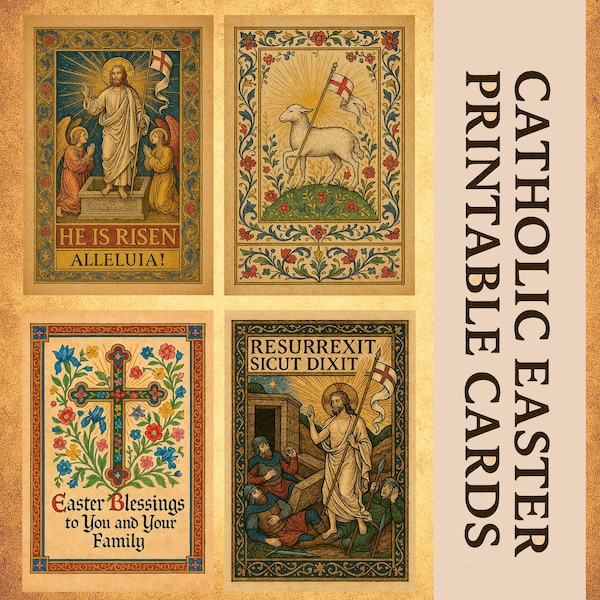 Bendiciones Sagradas de Pascua: Juego de 4 tarjetas católicas imprimibles y arte del Agnus Dei – Descarga digital instantánea