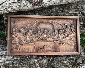 Icono tallado de la Última Cena / Arte mural de Jesús y los apóstoles / 6 tamaños / Relieve de madera ortodoxo / Icono CNC hecho a mano / Regalo cristiano para el hogar