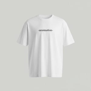 May include: A white t-shirt with the text "-zeusmotion-" printed in black across the chest. The shirt has a crew neck and short sleeves. The fabric appears to be a soft, lightweight material.