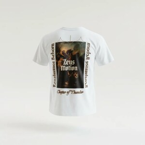 May include: White t-shirt featuring a rectangular graphic on the back with a classical painting of figures. The graphic includes the text "Zeus Motion" and "Chapter of Thunder". The words "Renaissance Reborn" are printed vertically on the left and right sides of the graphic.